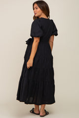 Black Linen Wrap V-Neck Short Sleeve Tiered Maternity Midi Dress