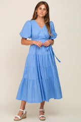 Blue Linen Wrap V-Neck Short Sleeve Tiered Maternity Midi Dress