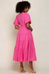 Pink Linen Wrap V-Neck Short Sleeve Tiered Midi Dress