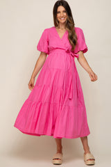 Pink Linen Wrap V-Neck Short Sleeve Tiered Maternity Midi Dress