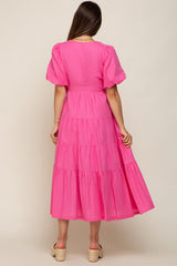 Pink Linen Wrap V-Neck Short Sleeve Tiered Maternity Midi Dress