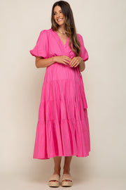 Pink Linen Wrap V-Neck Short Sleeve Tiered Maternity Midi Dress