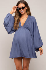 Navy Deep V-Neck Long Sleeve Maternity Dress