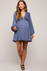 Navy Deep V-Neck Long Sleeve Maternity Dress