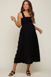 Black Smocked Square Neck Maternity Midi Dress