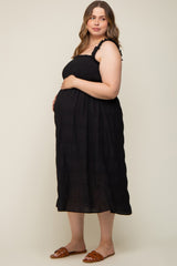 Black Smocked Square Neck Maternity Plus Midi Dress