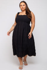 Black Smocked Square Neck Plus Midi Dress