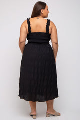 Black Smocked Square Neck Plus Midi Dress