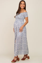 Light Blue Floral Off Shoulder Smocked Maternity Maxi Dress