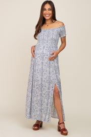 Light Blue Floral Off Shoulder Smocked Maternity Maxi Dress