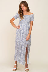 Light Blue Floral Off Shoulder Smocked Maternity Maxi Dress