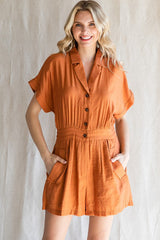 Rust Solid Button-Up Romper