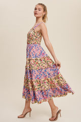 Purple Yellow Floral Contrast Tiered Maxi Dress