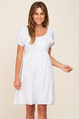 Blue Floral Dotted Button Front Maternity Dress