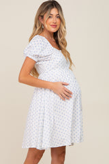 Blue Floral Dotted Button Front Maternity Dress