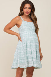 Mint Green Floral Square Neck Tiered Maternity Dress