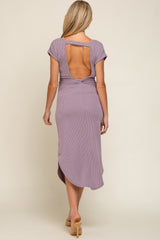 Lavender Ribbed Twist Back Curved Hem Maternity Maxi Dress