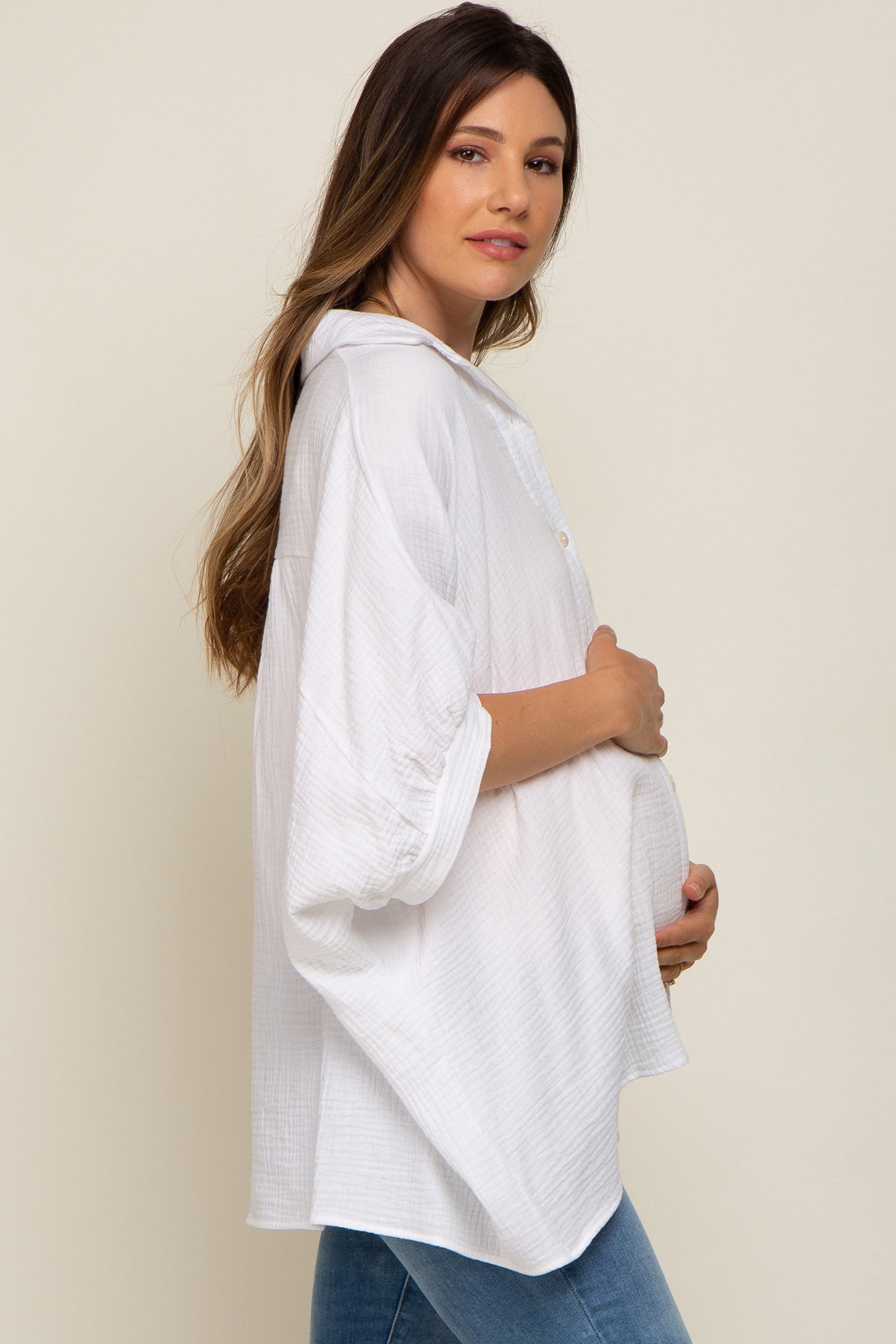 White Gauze Double Layered Maternity Button Up Top– PinkBlush