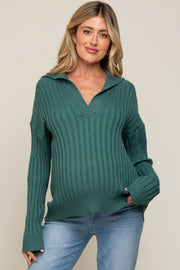 Hunter Green Ribbed Knit Collared Long Sleeve Maternity Top