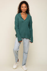 Hunter Green Ribbed Knit Collared Long Sleeve Top