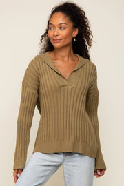 Olive Ribbed Knit Collared Long Sleeve Top