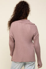 Mauve Ribbed Knit Collared Long Sleeve Top