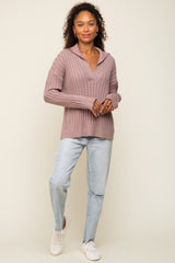 Mauve Ribbed Knit Collared Long Sleeve Top