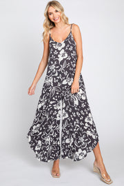 Charcoal Tropical Floral V-Neck Round Hem Jumpsuit