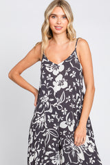 Charcoal Tropical Floral V-Neck Round Hem Jumpsuit