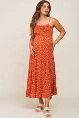 Rust Floral Side Slit Maternity Midi Dress