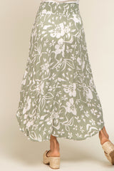 Light Olive Tropical Floral Smocked Waist Round Hem Midi Skirt