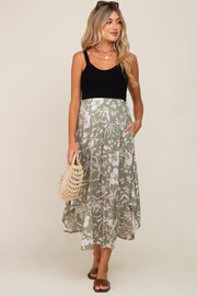 Light Olive Tropical Floral Smocked Waist Round Hem Maternity Midi Skirt