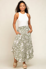 Light Olive Tropical Floral Smocked Waist Round Hem Midi Skirt