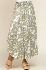 Light Olive Tropical Floral Smocked Waist Round Hem Midi Skirt