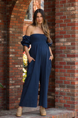 Navy Linen Smocked Off Shoulder Wide Leg Maternity Jumpsuit