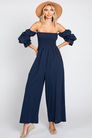 Navy Linen Smocked Off Shoulder Wide Leg Jumpsuit