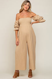 Beige Linen Smocked Off Shoulder Wide Leg Maternity Jumpsuit