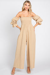 Beige Linen Smocked Off Shoulder Wide Leg Jumpsuit