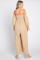 Beige Linen Smocked Off Shoulder Wide Leg Jumpsuit