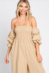 Beige Linen Smocked Off Shoulder Wide Leg Jumpsuit