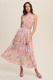 Pink Floral Bubble Textured Two-Piece Style Maxi Dress