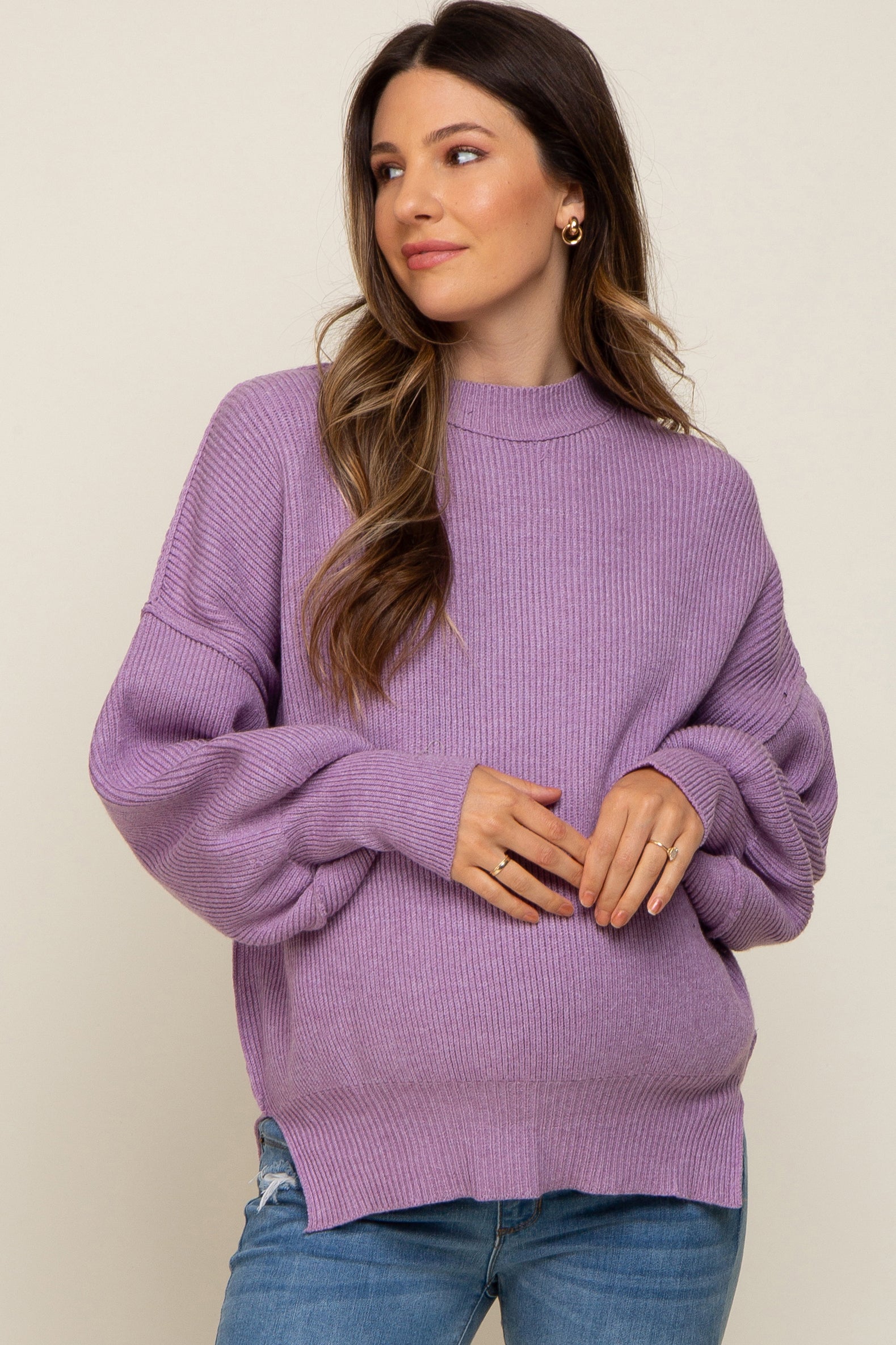 Purple Sequin Knit Mock Neck Maternity Sweater– PinkBlush