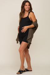 Black Ribbed Shoulder Tie Scoop Back Maternity Romper