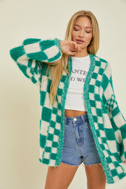 Green Checkered Cardigan Sweater