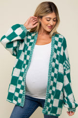 Green Checkered Maternity Cardigan Sweater