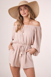 Beige Off Shoulder Balloon Sleeves Romper