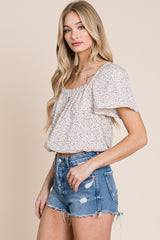 Cream Floral Square Neck Button Down Blouse