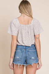 Cream Floral Square Neck Button Down Blouse