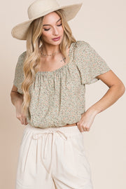 Sage Floral Square Neck Button Down Blouse