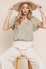 Sage Floral Square Neck Button Down Blouse